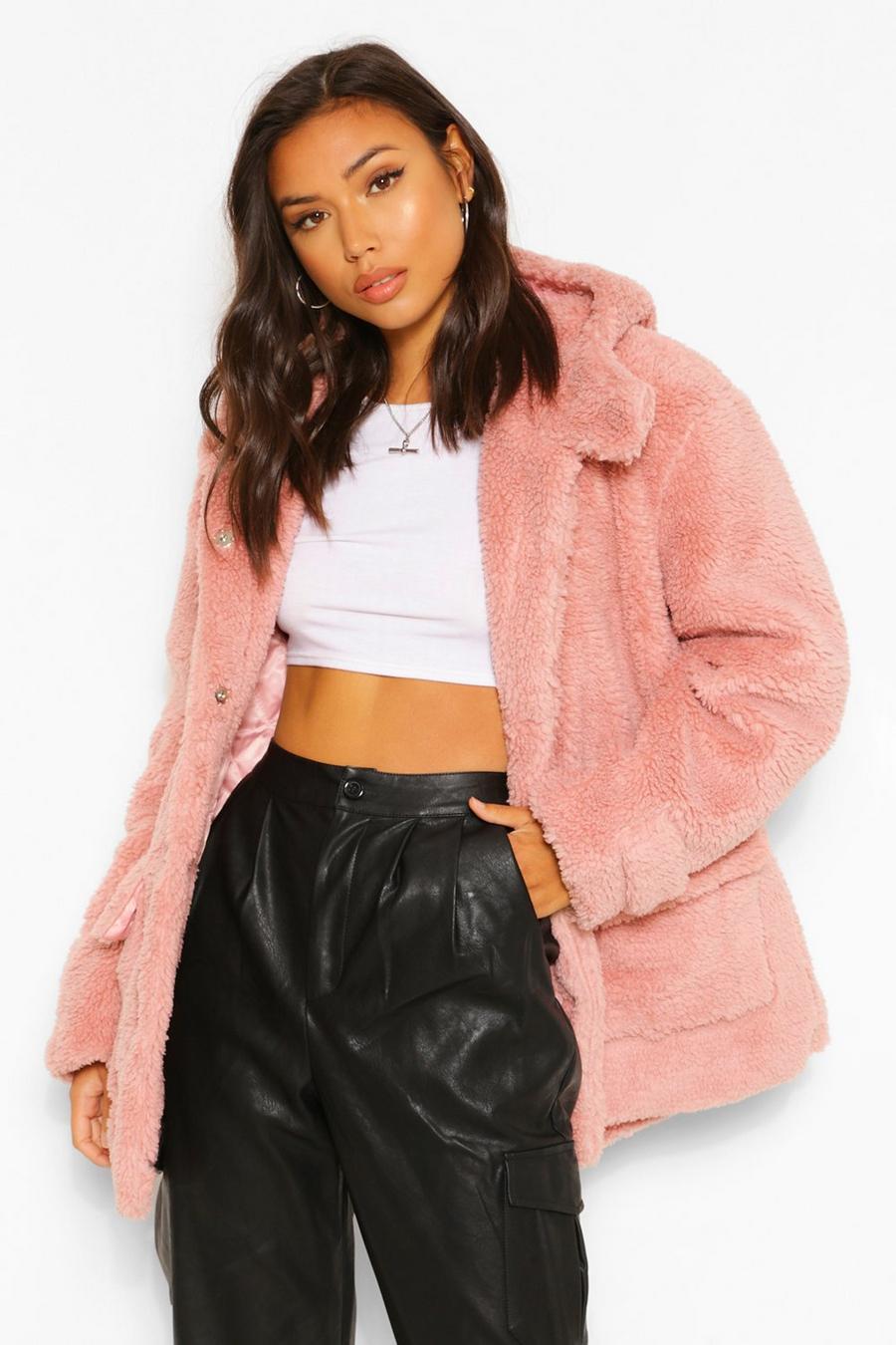 Blush pink Oversized Teddy Faux Fur Hooded Parka Coat