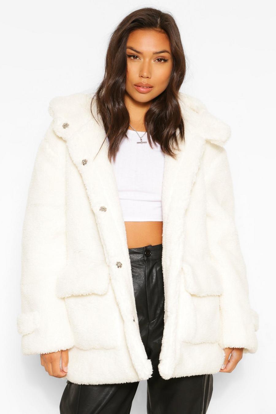 Cream Oversized Teddy Faux Fur Hooded Parka Coat image number 1