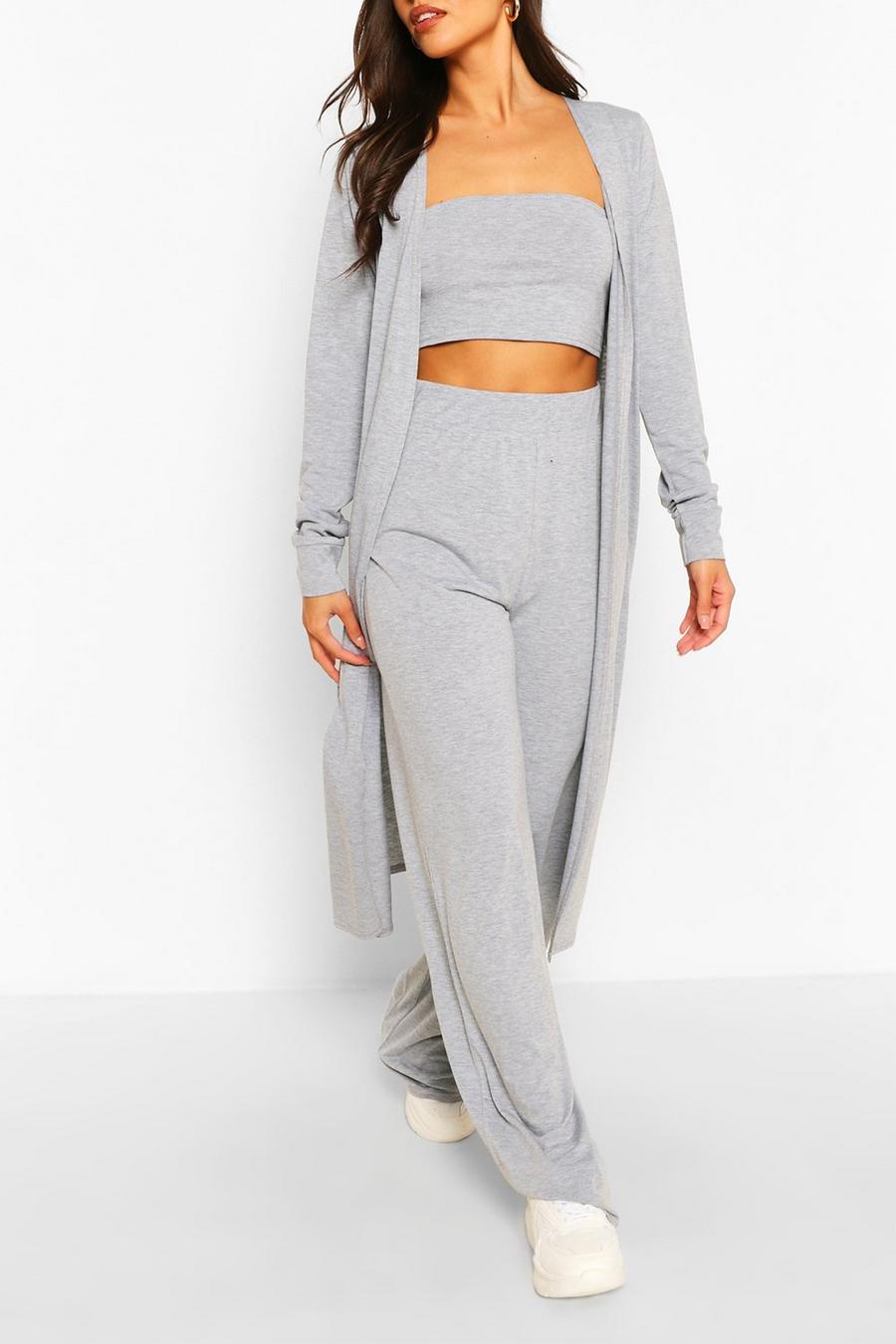 Grey marl 3 Piece Duster Bandeau & Pants Two-Piece Set image number 1