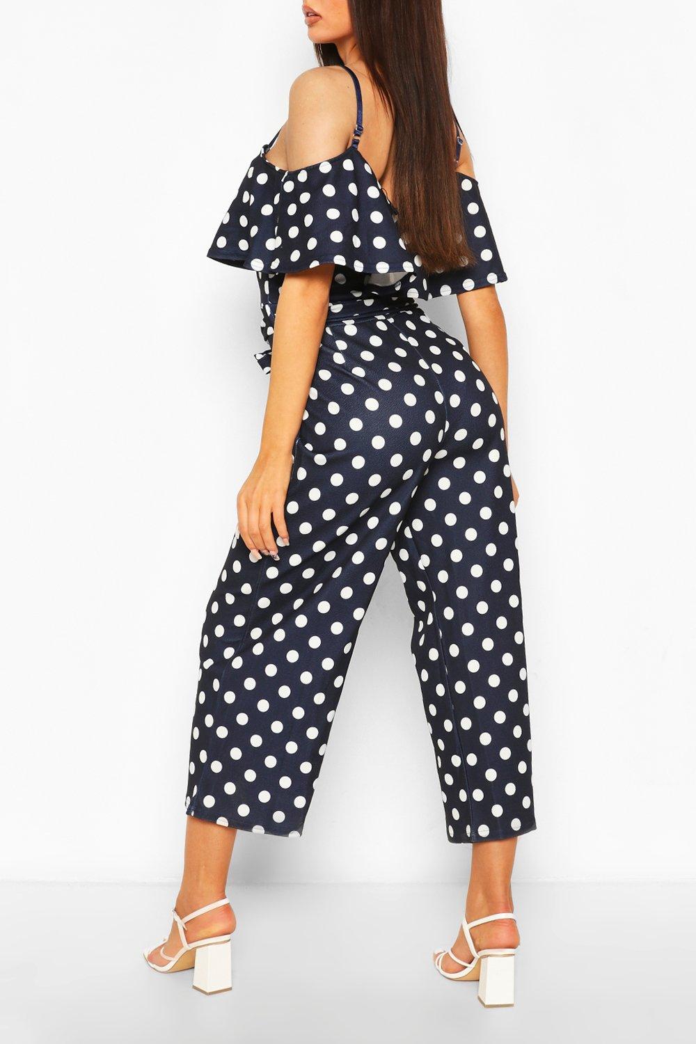 Polka Dot Cold Shoulder Wide Leg Belted Jumpsuit