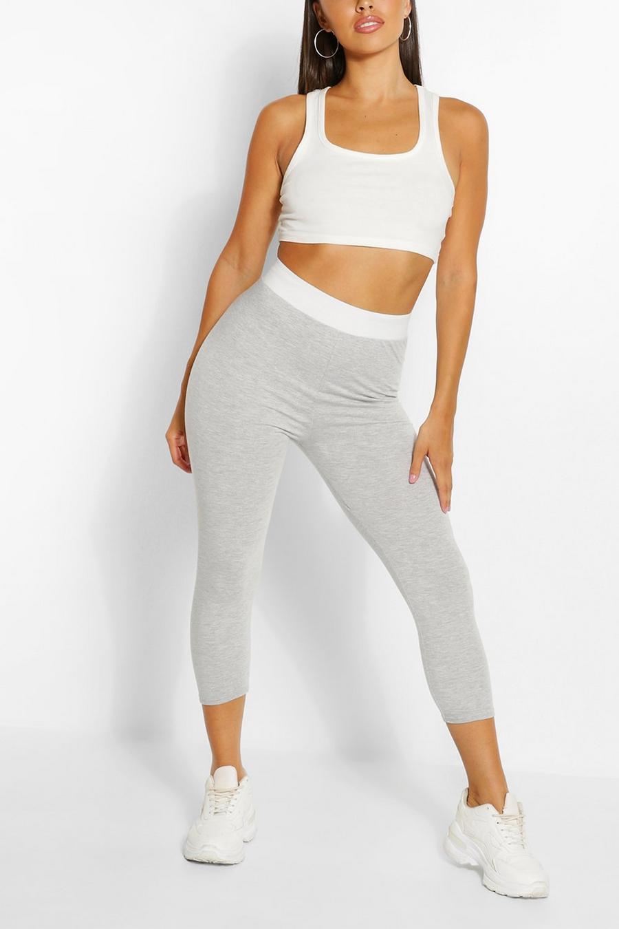 Grey marl Contrast Waistband 3/4 Basic Jersey Knit Leggings image number 1