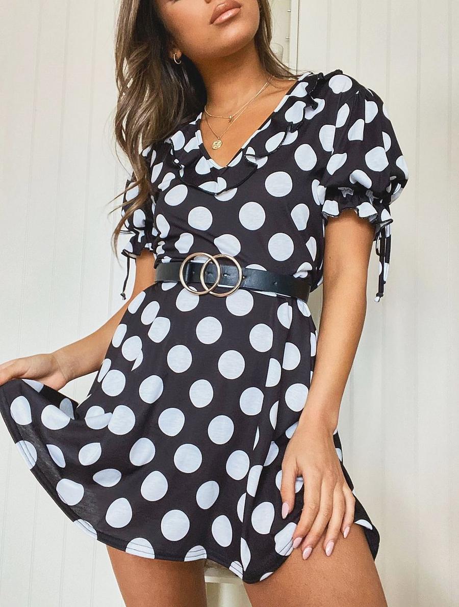 Black Polka Dot Tie Sleeve Detail Tea Dress image number 1