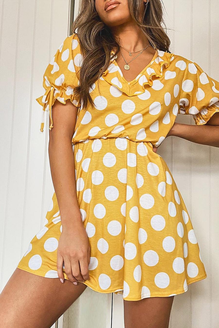 Mustard Polka Dot Tie Sleeve Detail Tea Dress image number 1
