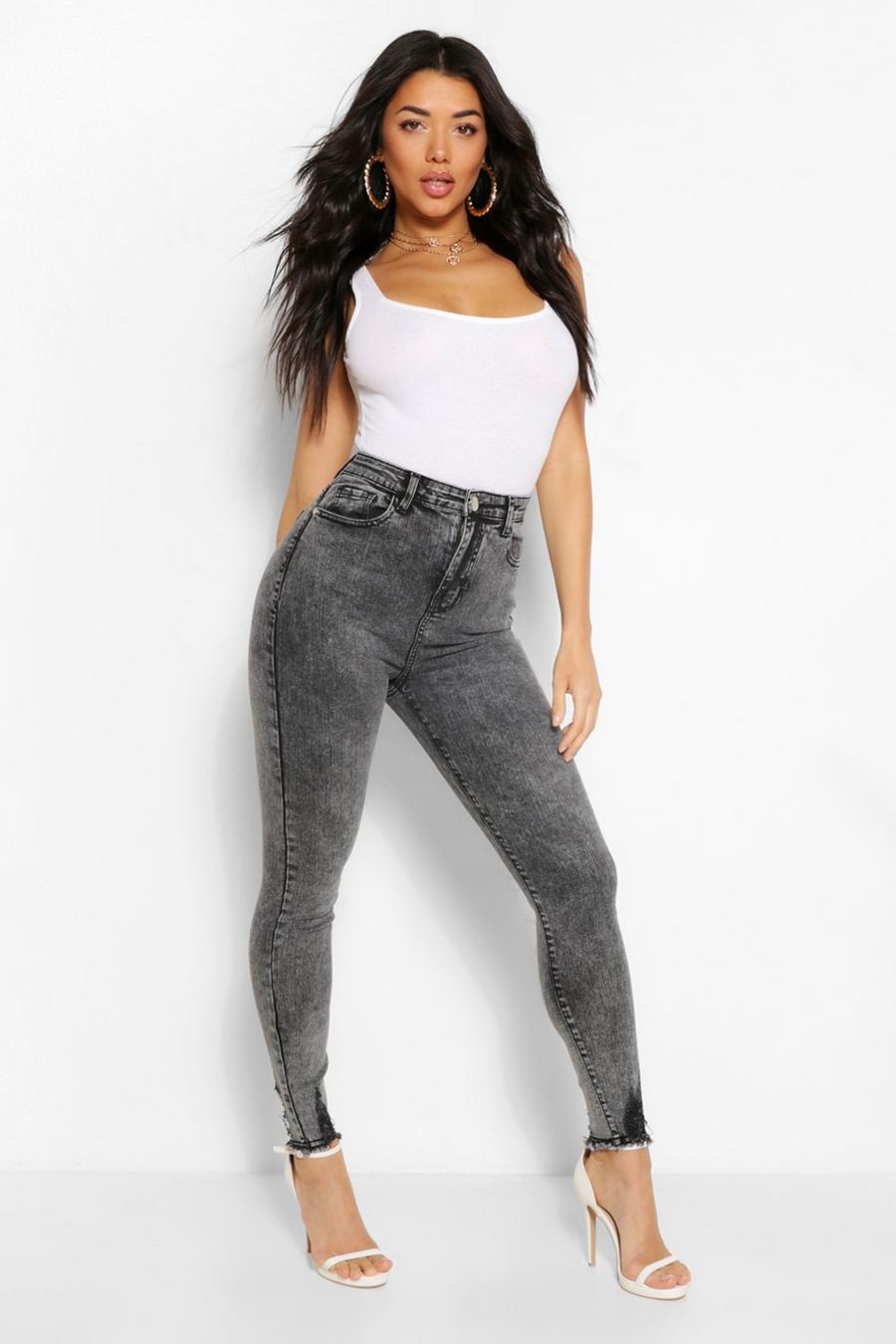 High-Rise Skinny Jeans mit ausgefranstem Saum und Acid-Waschung, Grau image number 1