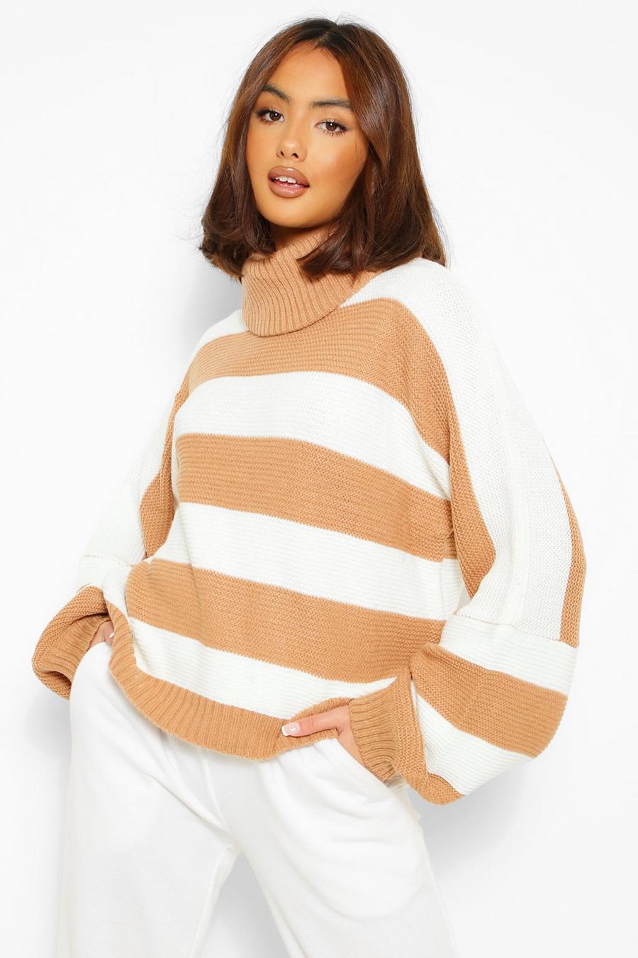 Tan Roll Neck Striped Knitted Jumper image number 1