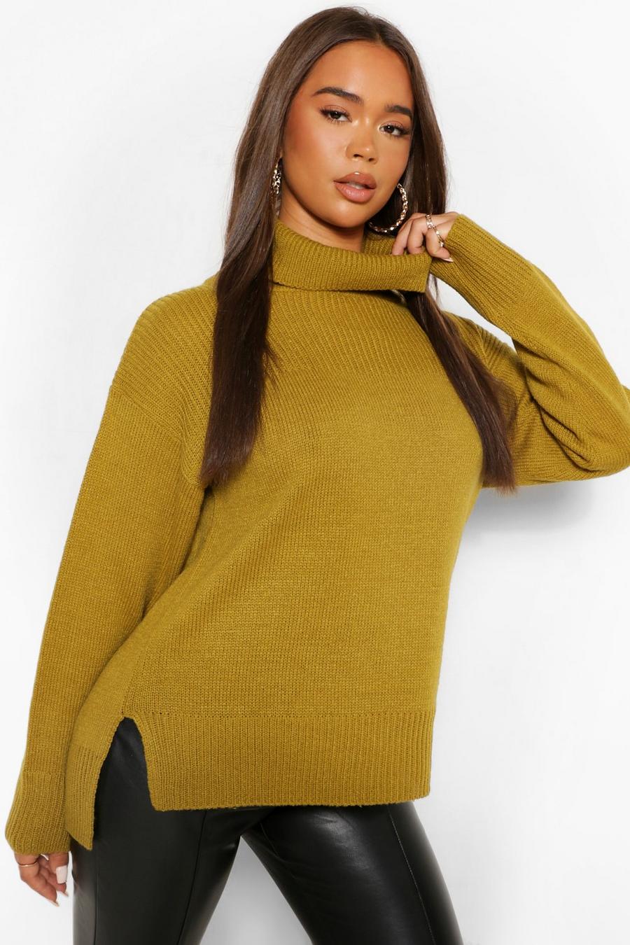 Olive Roll Neck Tunic Length Chunky Jumper image number 1