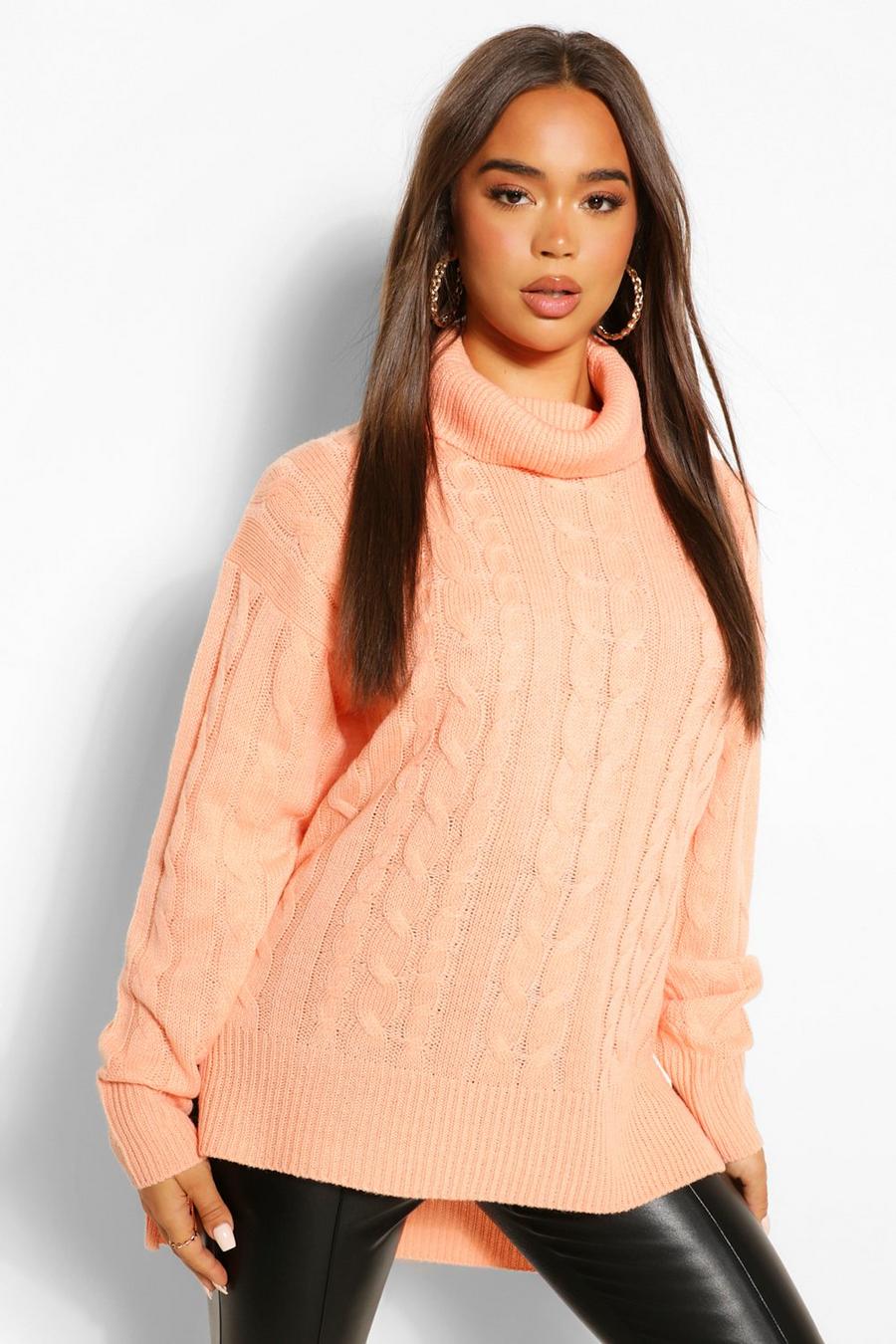 Apricot Nude Step Hem Cable Knit Sweater image number 1