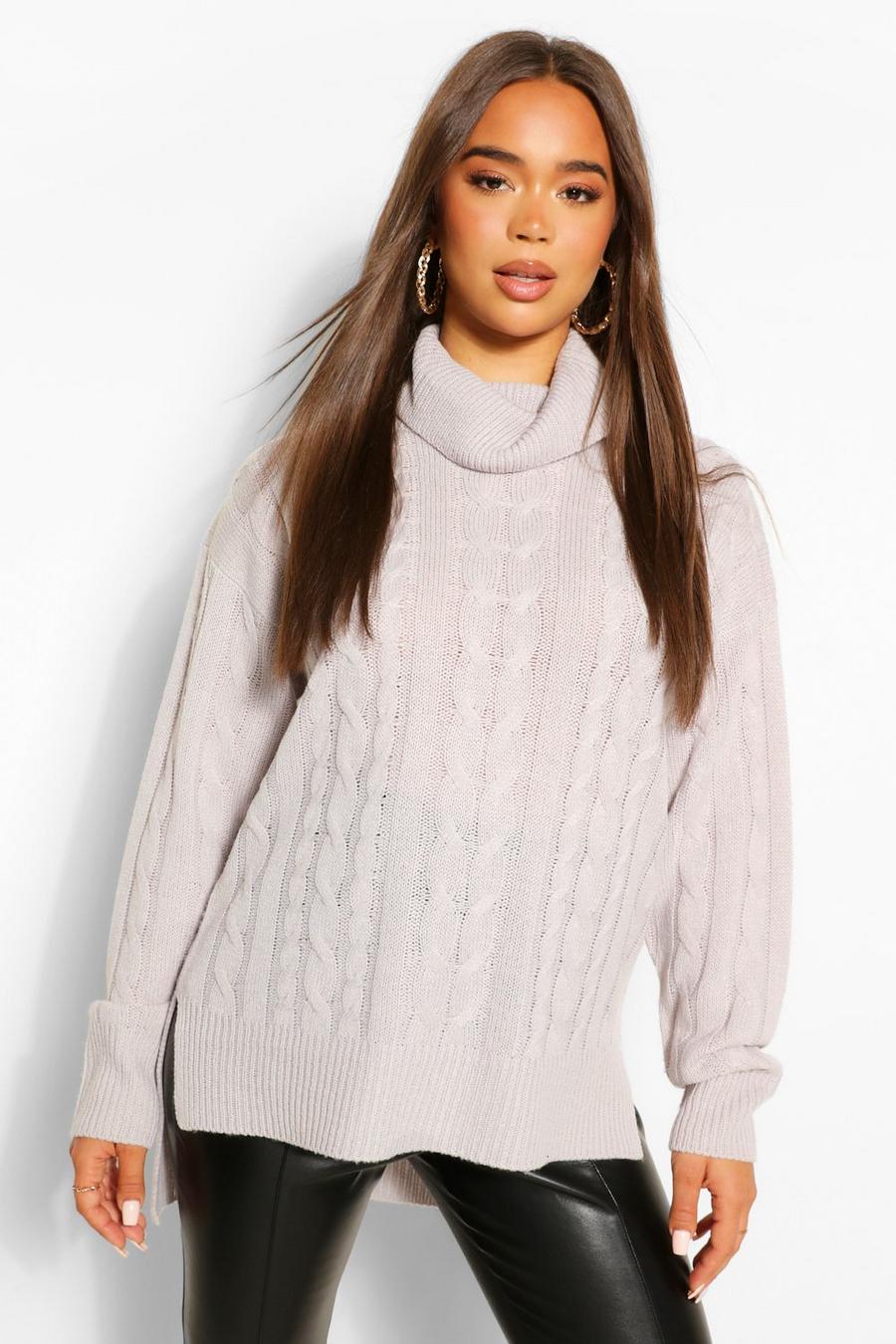 Silver grey Step Hem Cable Knitted Sweater image number 1