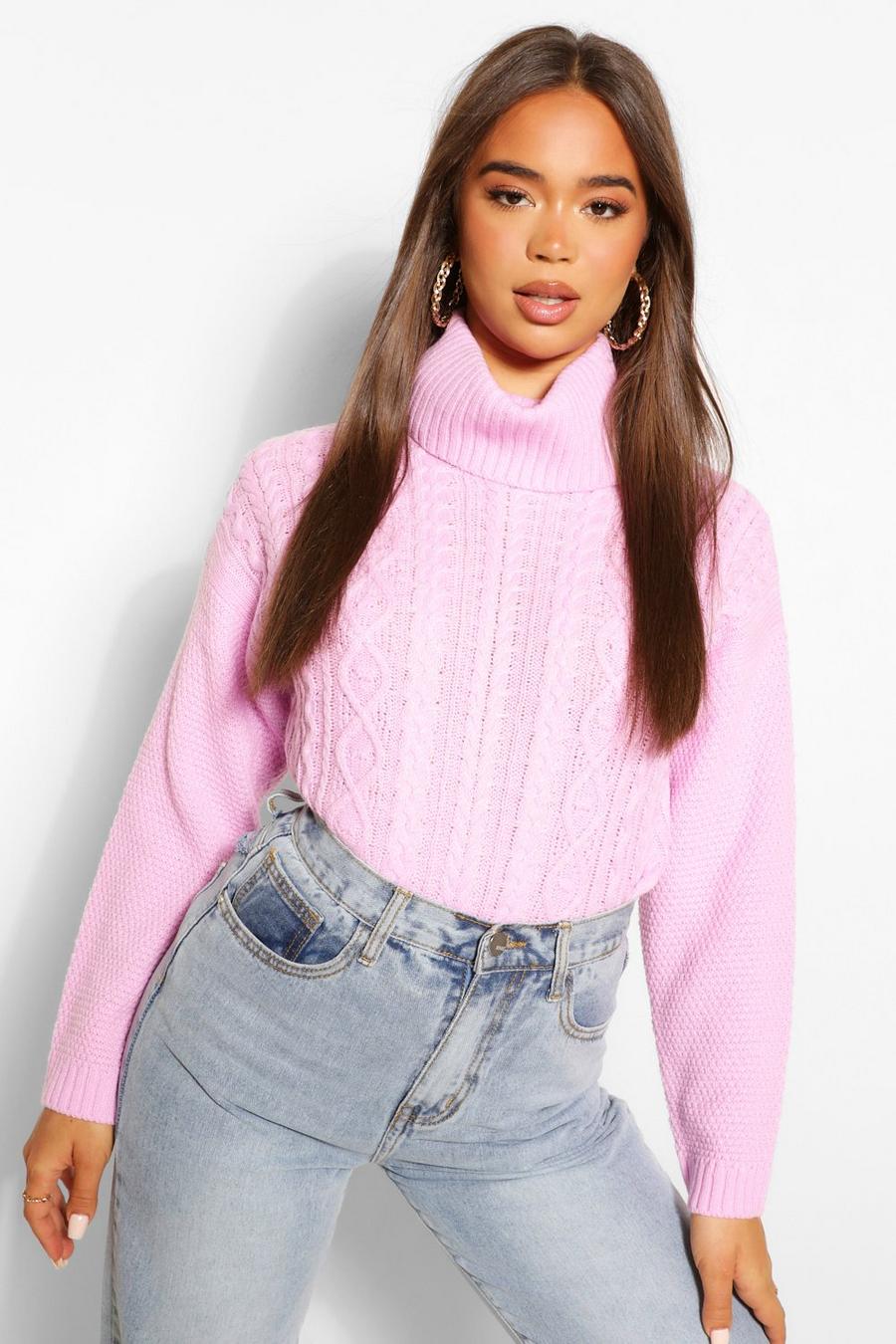 Bright lilac Cable Knit Roll Neck Jumper image number 1