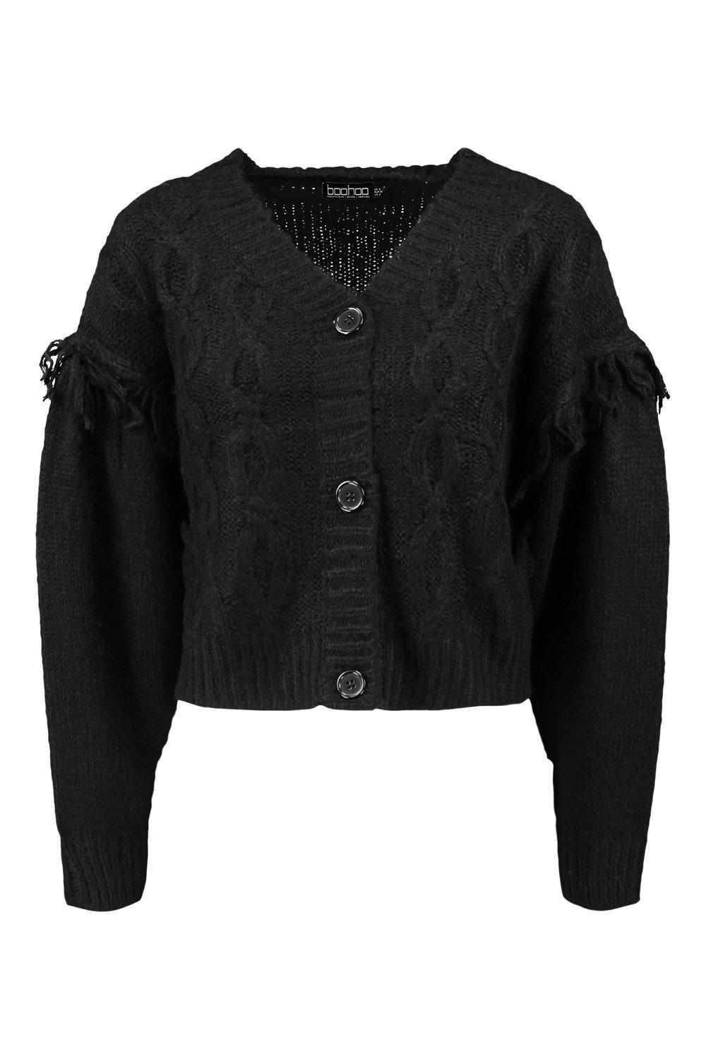 boohoo Chunky Knit Cropped Cardigan - Black - Size M