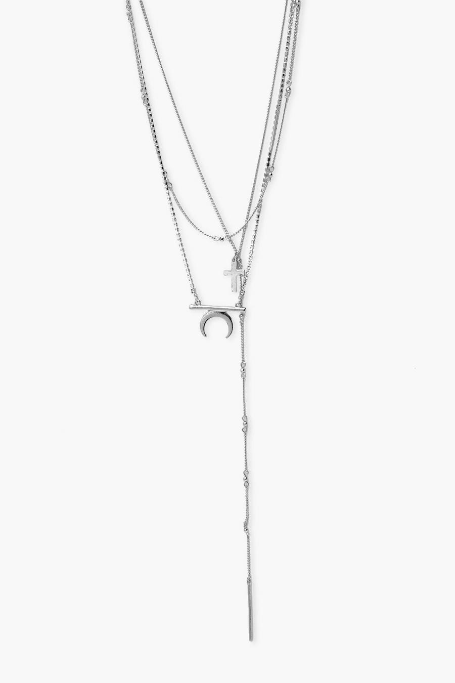 Mehrlagige Halskette mit Kreuz Und Horn aus Strass, Silber image number 1
