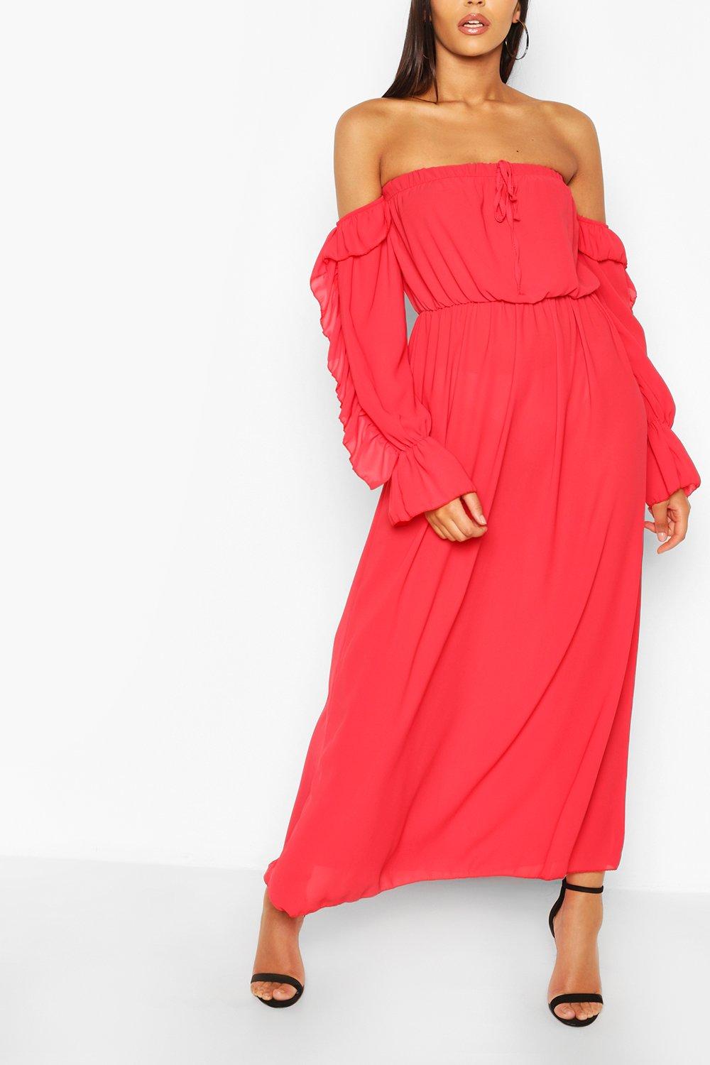 red bardot long dress