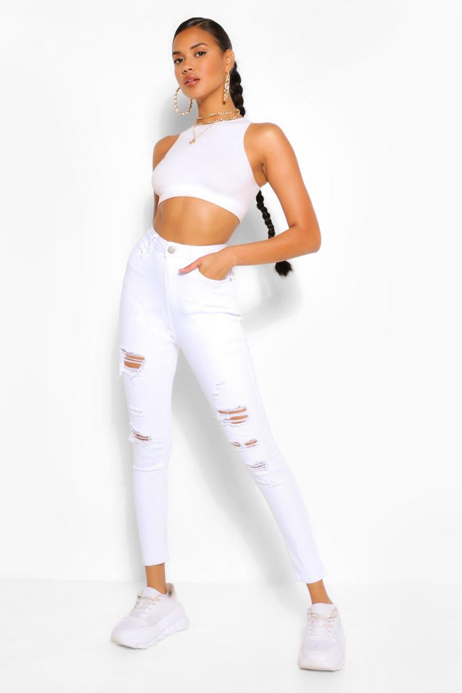 Jeans skinny elasticizzati a vita alta effetto super consumato, Bianco image number 1