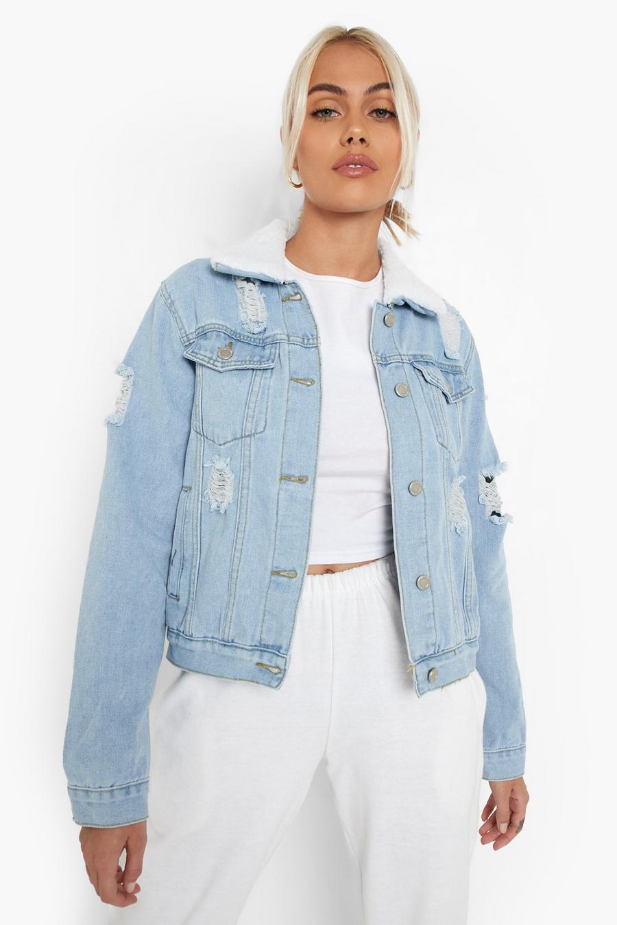 Light blue Distressed Denim Jacket with Teddy Collar image number 1