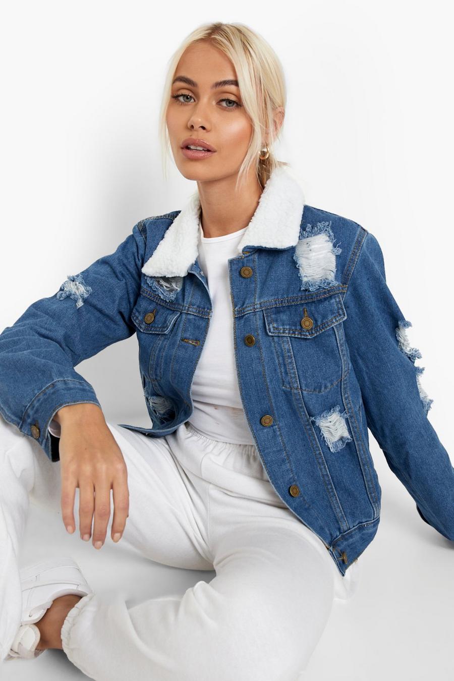 Mid blue Distressed Denim Jacket with Teddy Collar image number 1