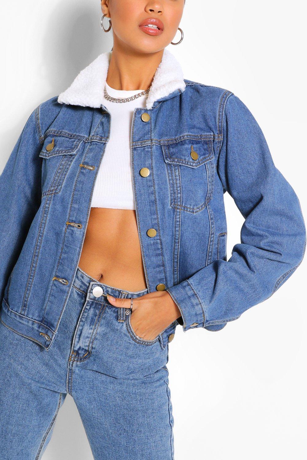 Black denim jacket borg best sale collar womens