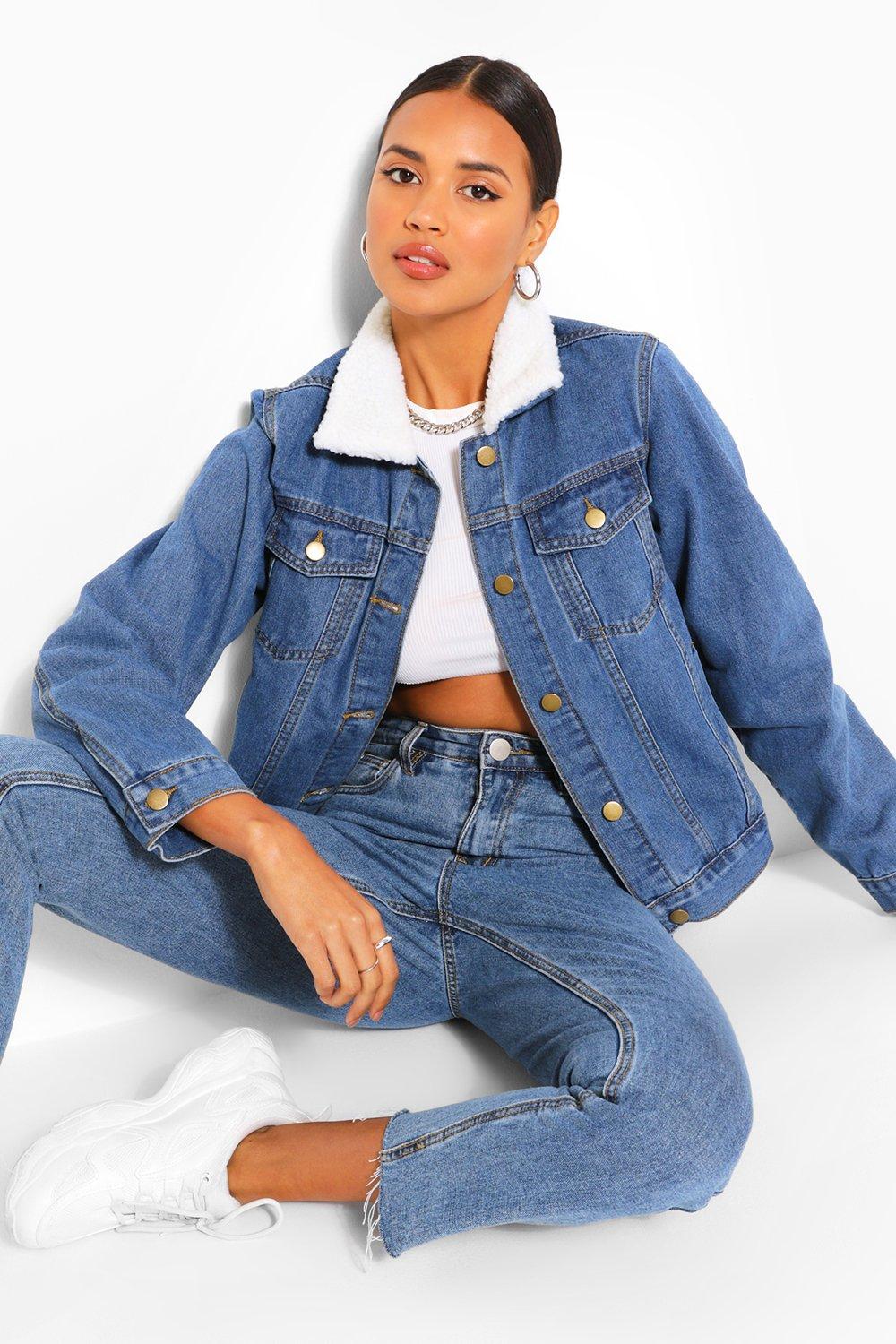 Fashion denim jacket borg collar womens