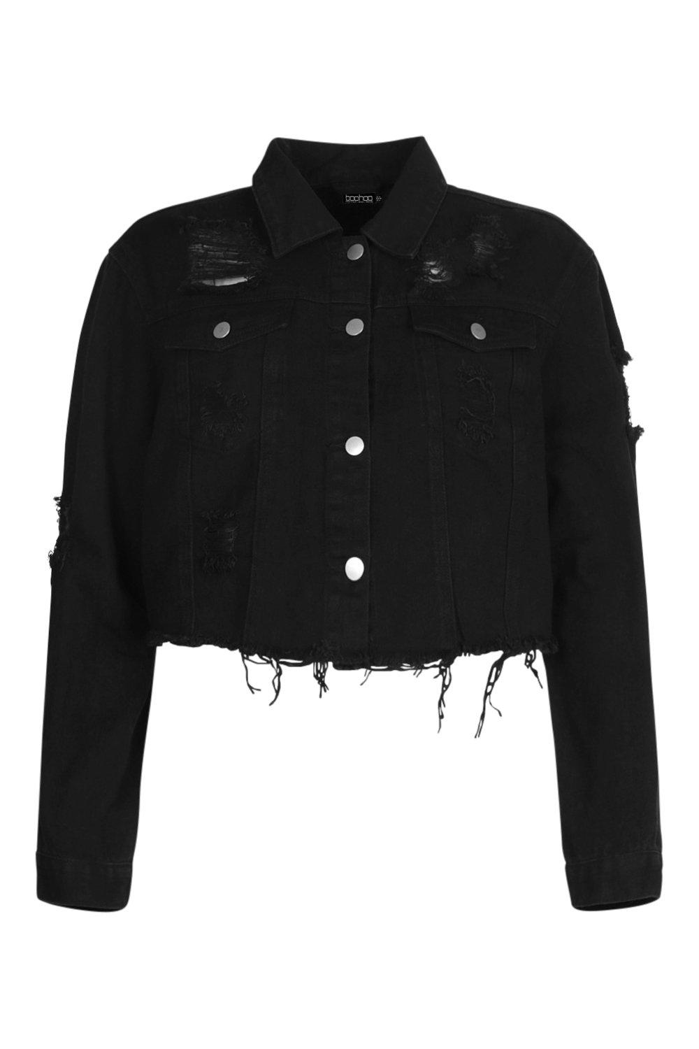 black cropped distressed denim jacket