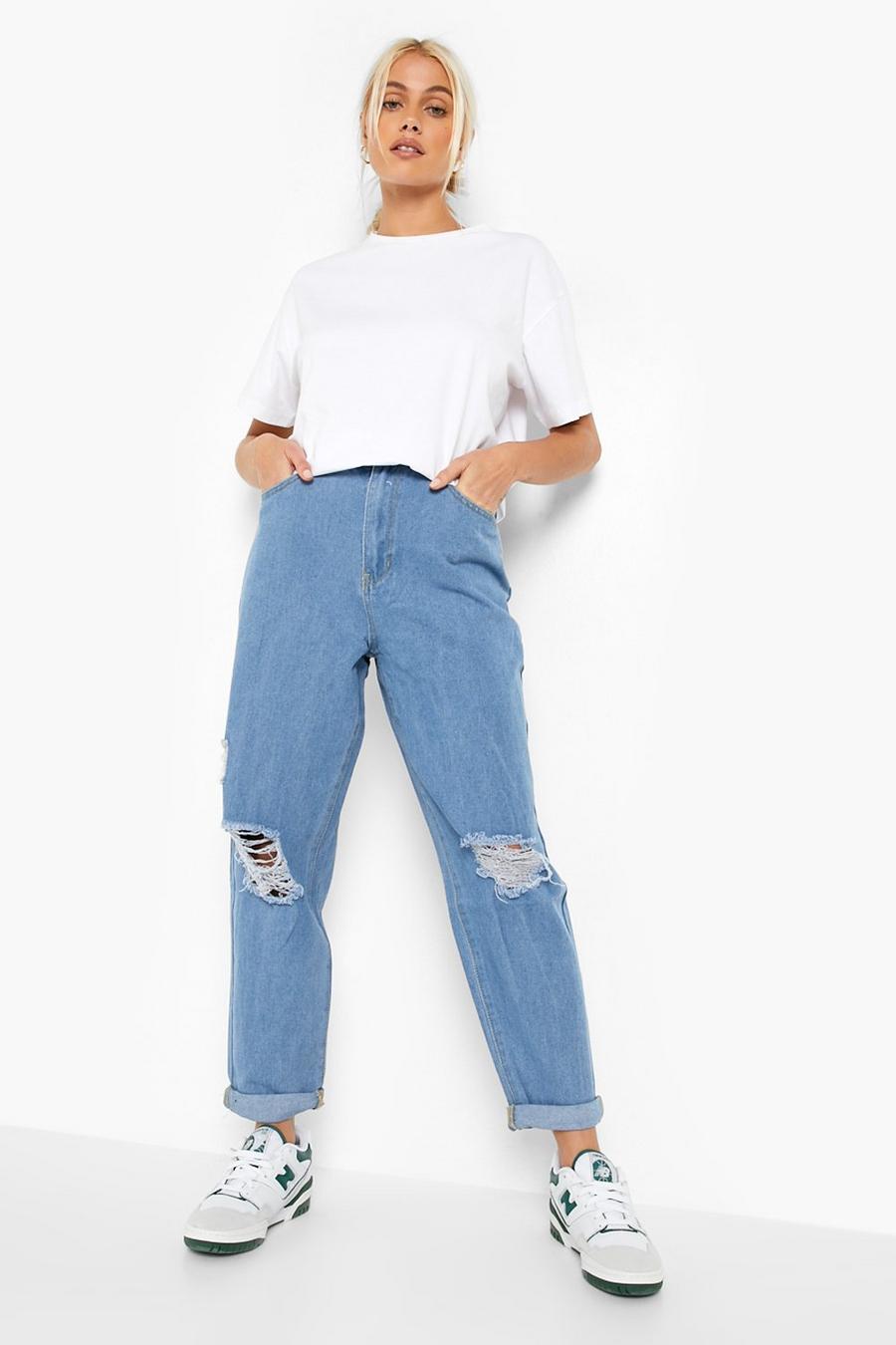 Jeans Mom Basic a vita alta effetto smagliato, Azzurro chiaro image number 1