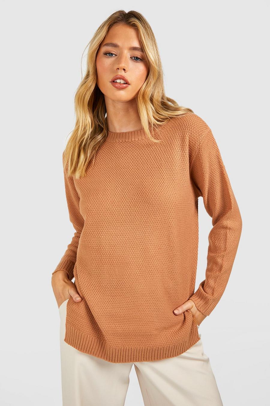 Tan brown Round Neck Lightweight Sweater