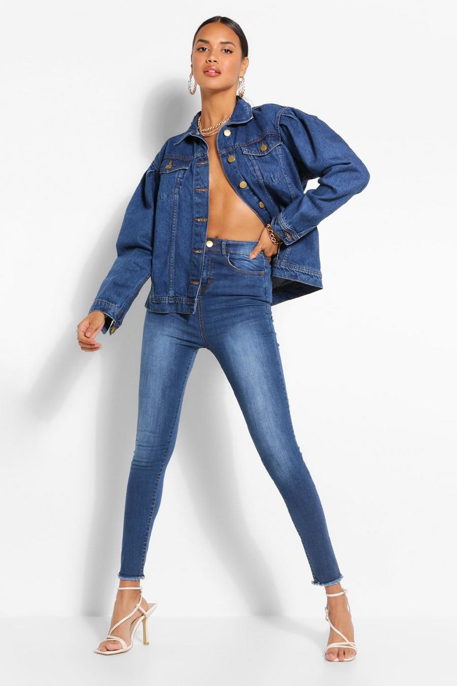 Mid blue High Waist Frayed Hem Stretch Skinny Jean  image number 1