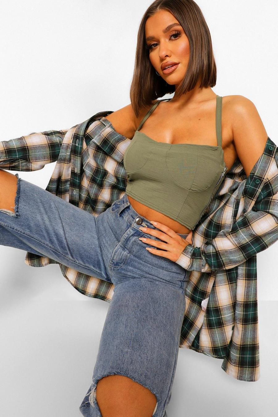 Khaki Woven Cupped Crop Top image number 1