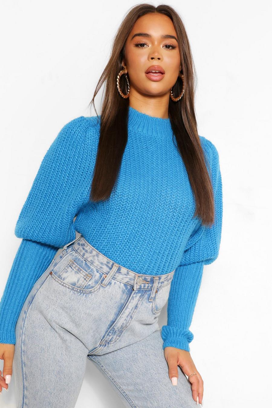 Turquoise Textured Yarn Puff Sleeve Jumper image number 1