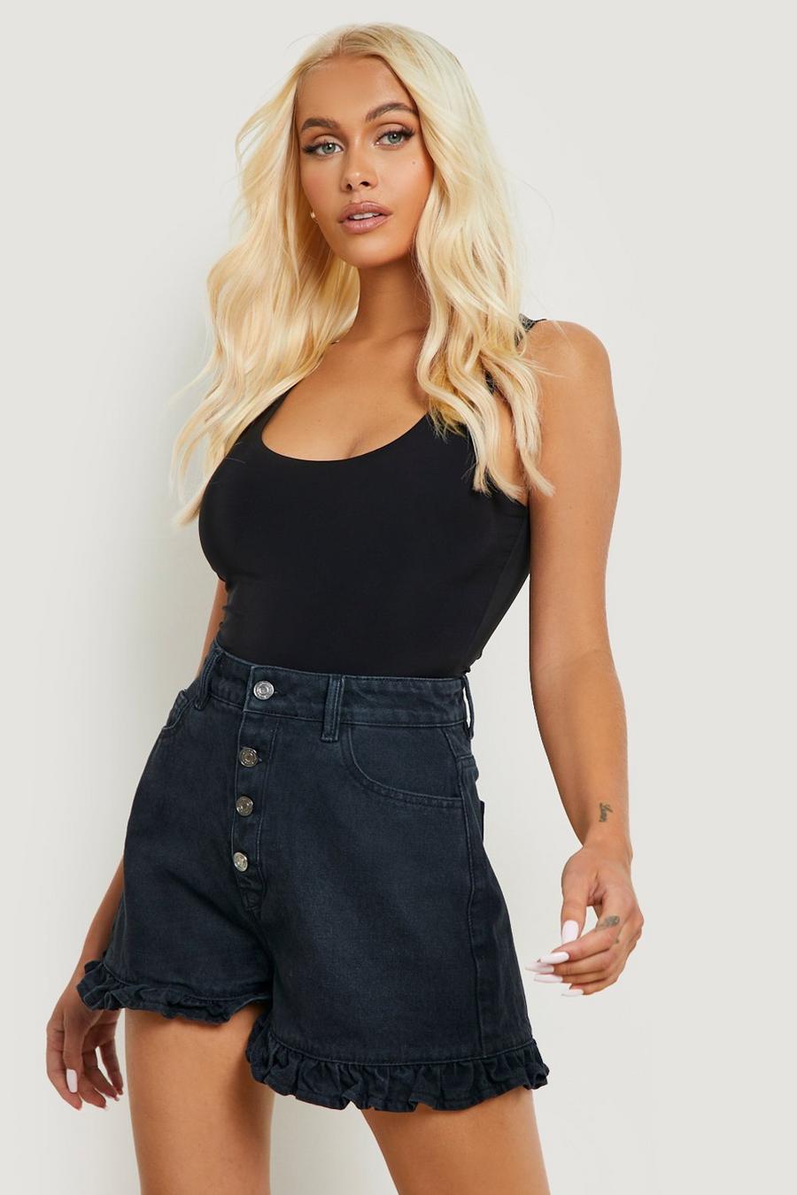 Black Frill Hem Exposed Button Jean Shorts image number 1