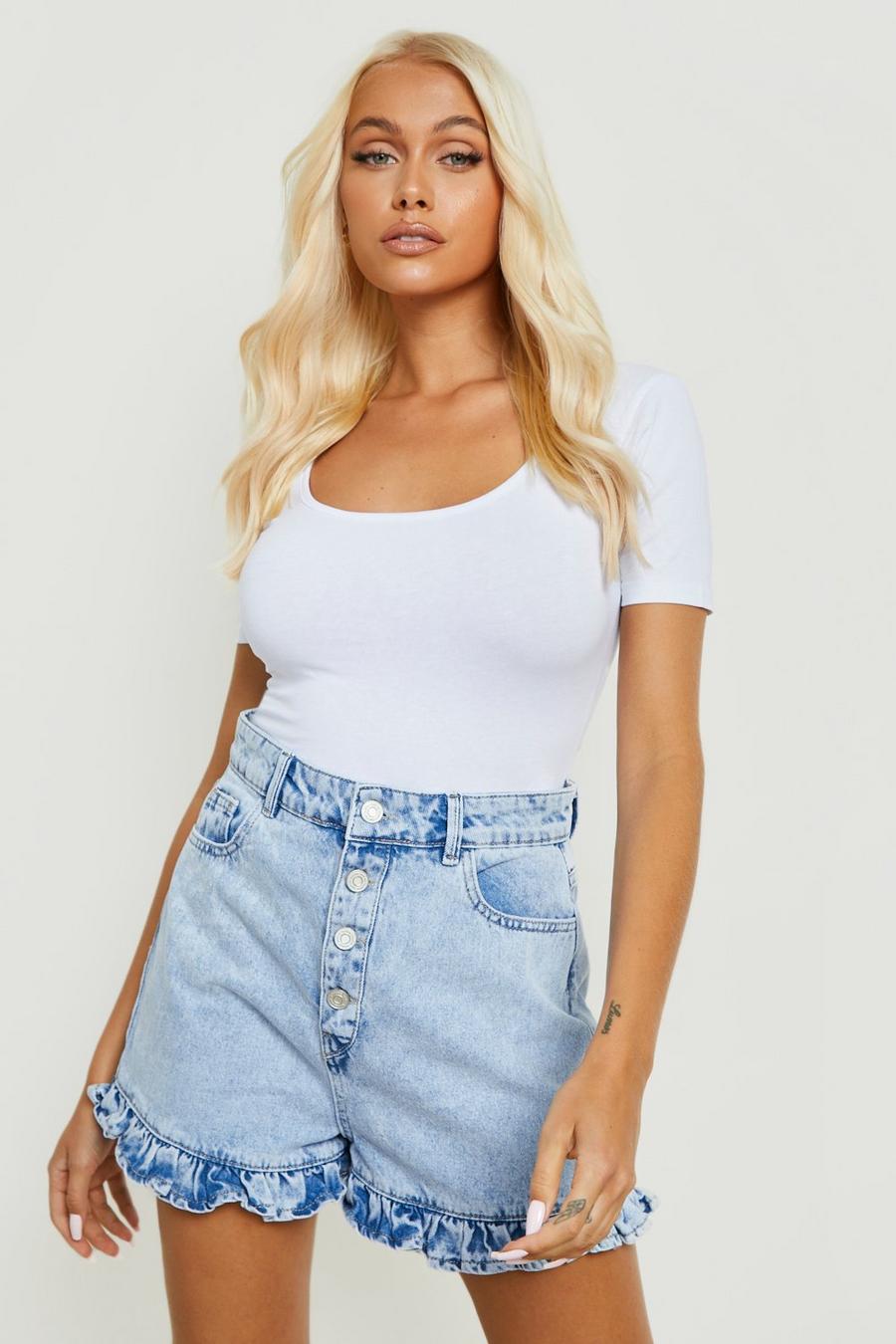 Blue Frill Hem Exposed Button Jean Shorts image number 1