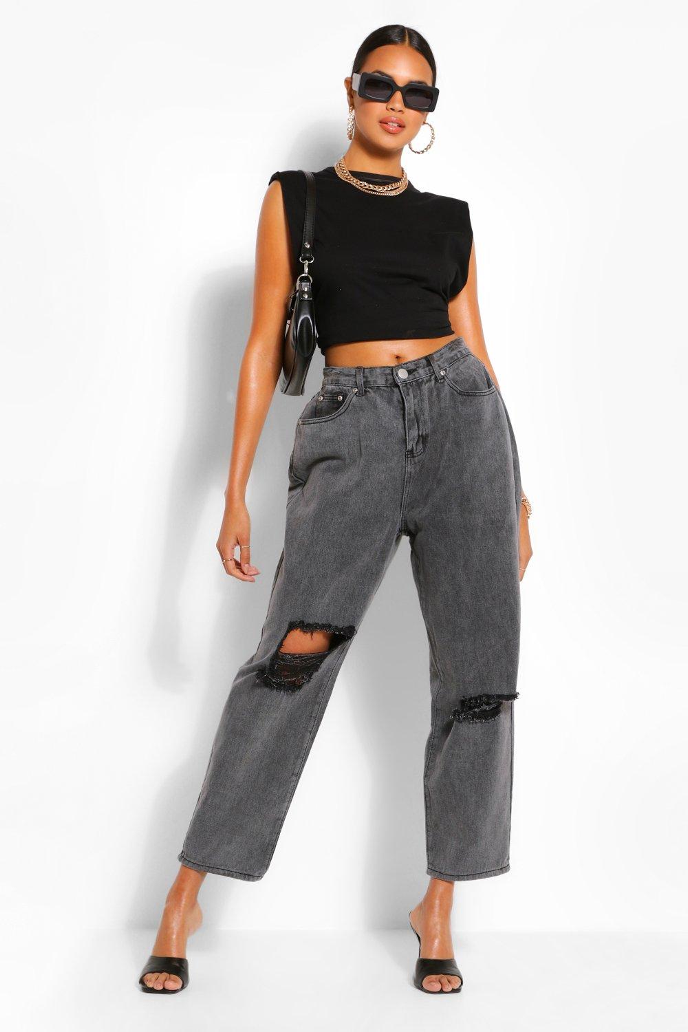 dark wash distressed mom jeans