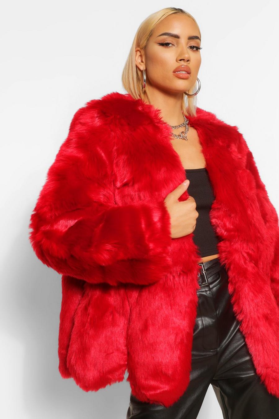 Red Luxe Panelled Faux Fur Coat image number 1