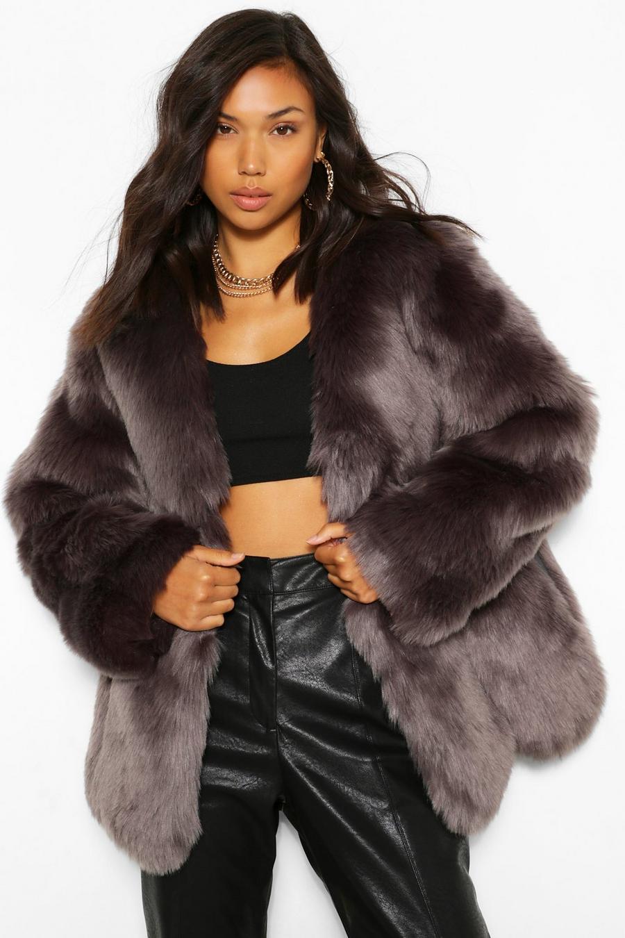 Charcoal Luxe Panelled Faux Fur Coat image number 1