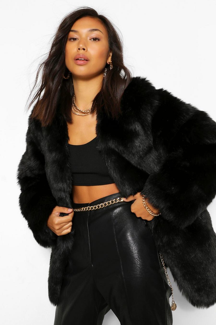 Black Luxe Panelled Faux Fur Coat image number 1