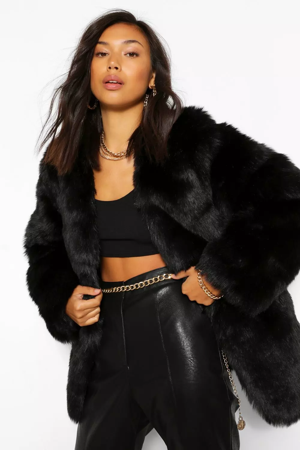 Black panelled hotsell faux fur coat