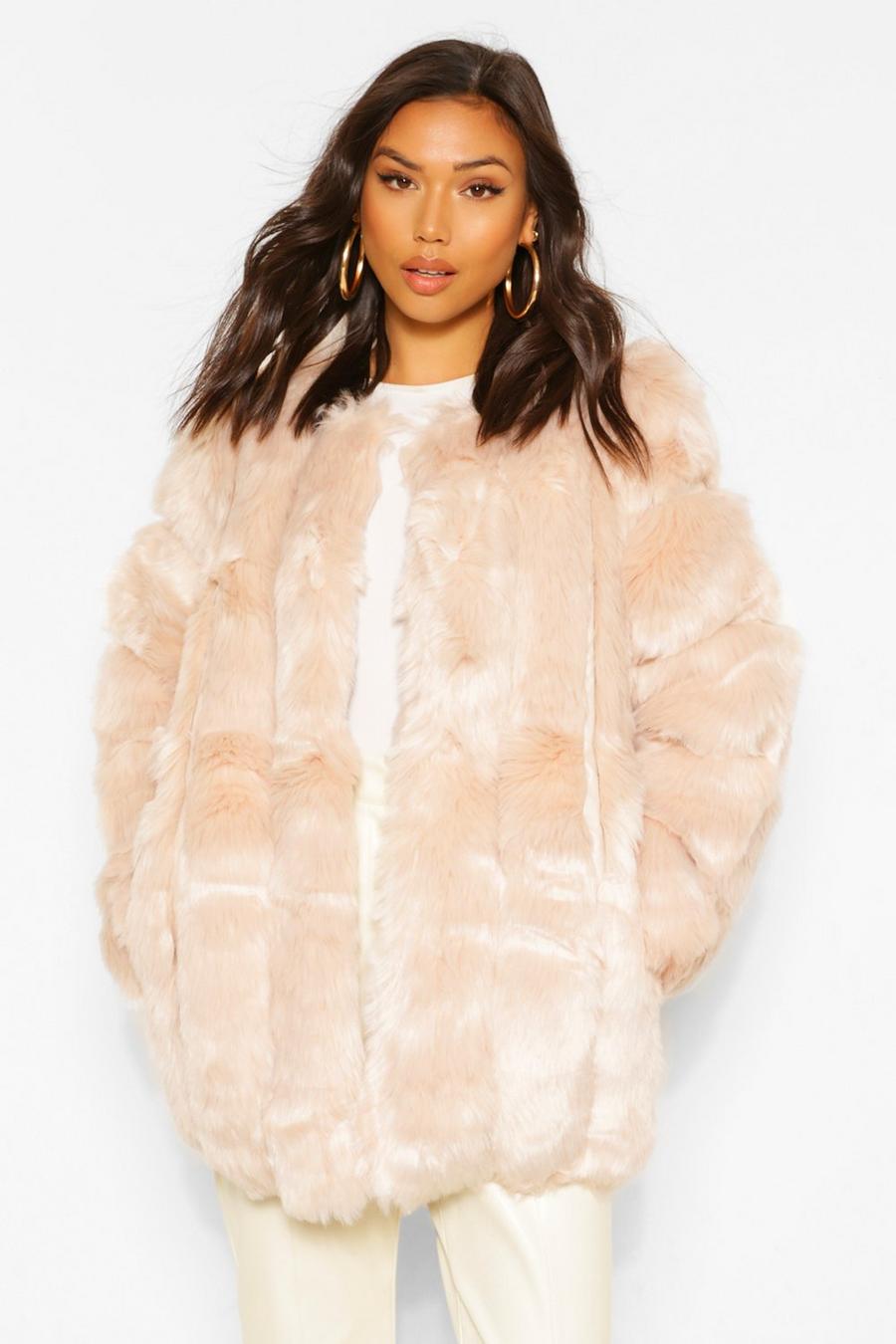 Sand Oversized Luxe Paneled Faux Fur Coat image number 1