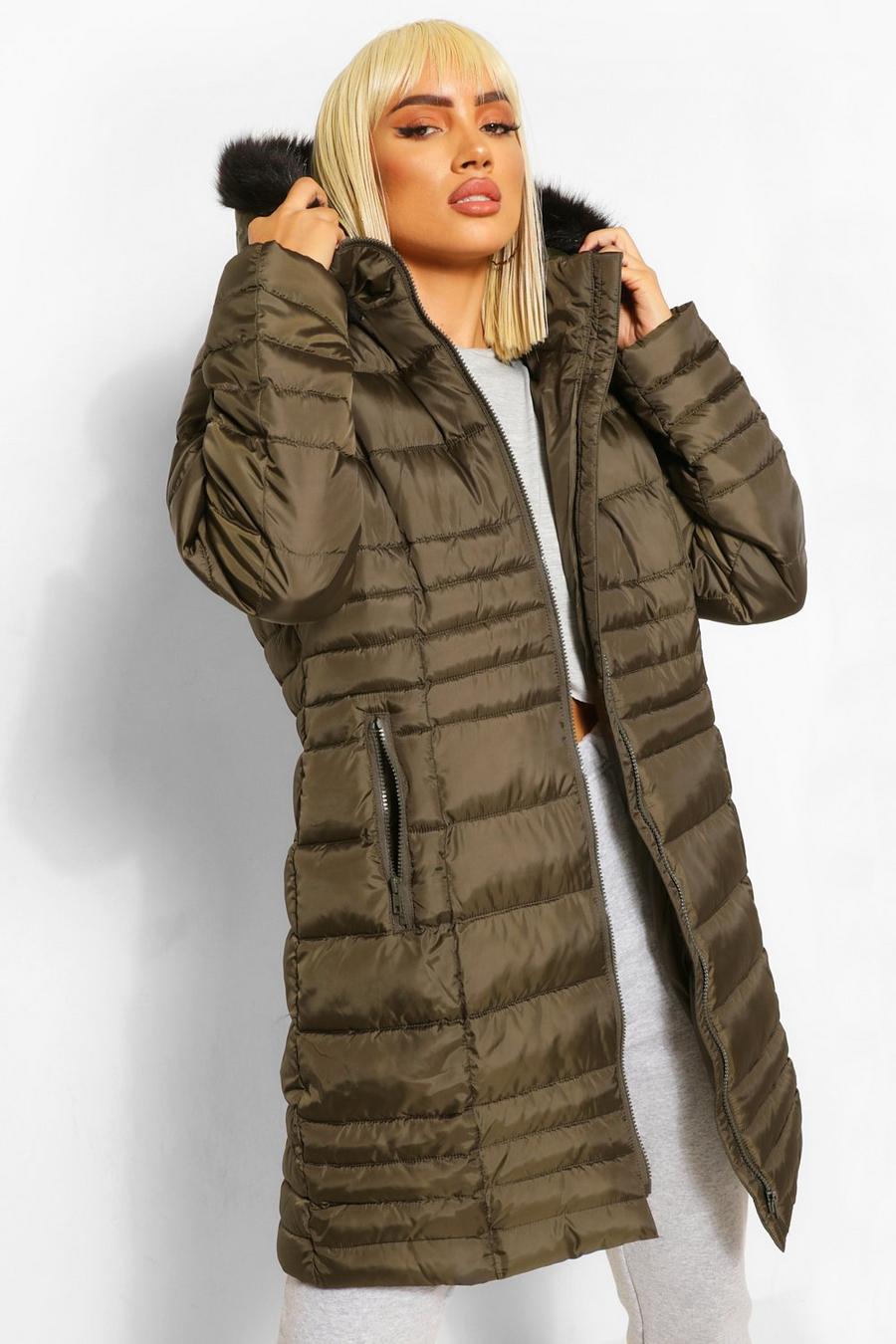Khaki Faux Fur Trim Longline Puffer Jacket image number 1