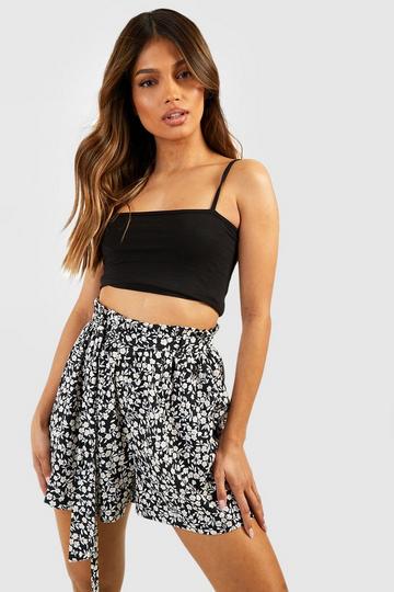 Black Ditsy Floral Belted Flowy Shorts