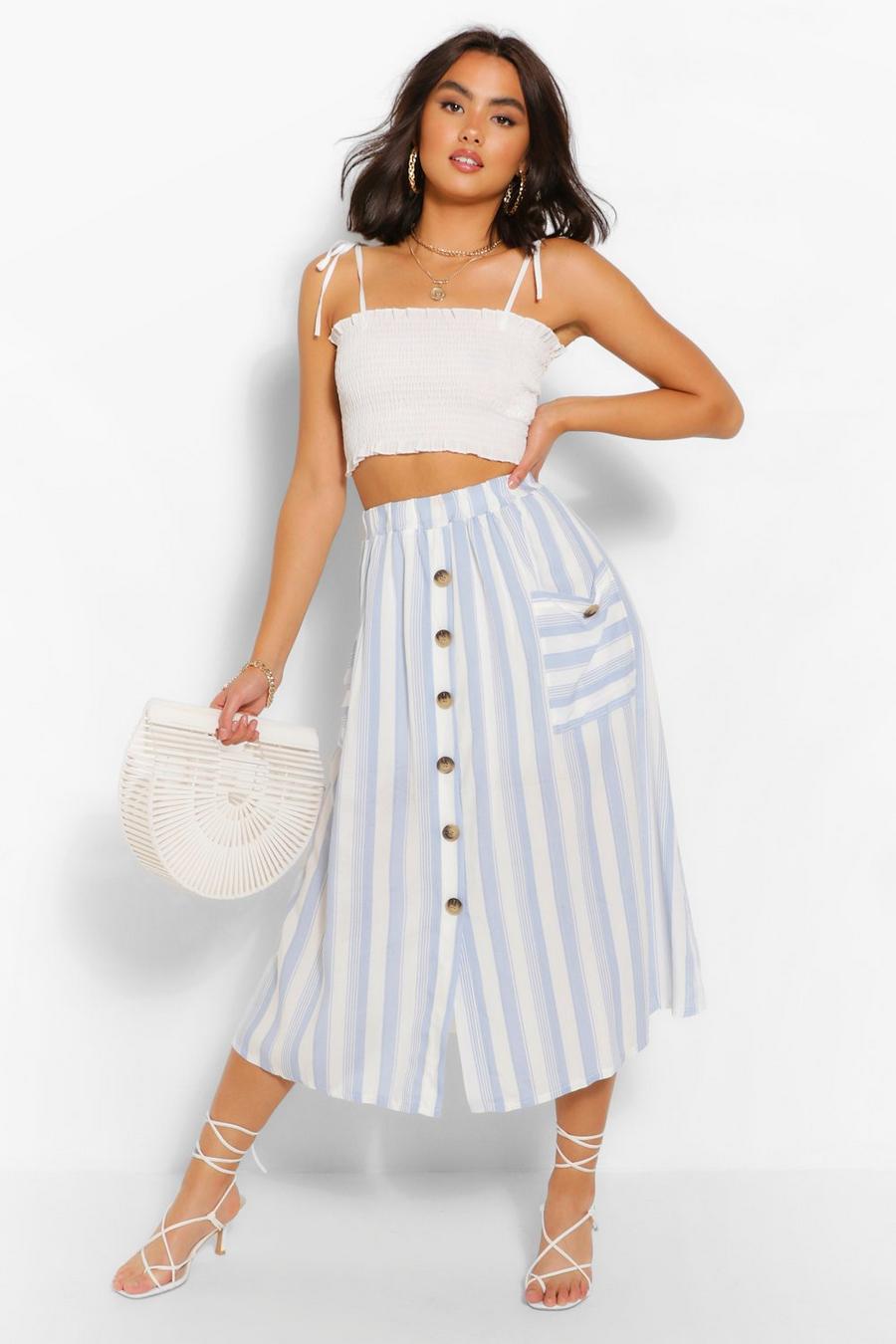Blue Striped Button Front Midi Skirt image number 1