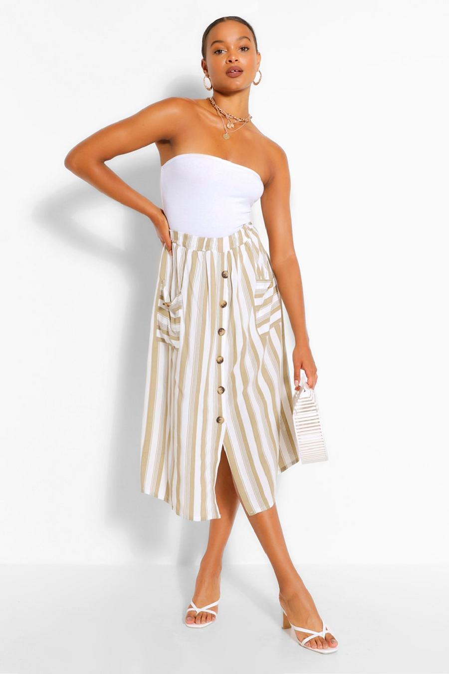 Taupe Tonal Stripe Pocket Front Midi Skirt image number 1