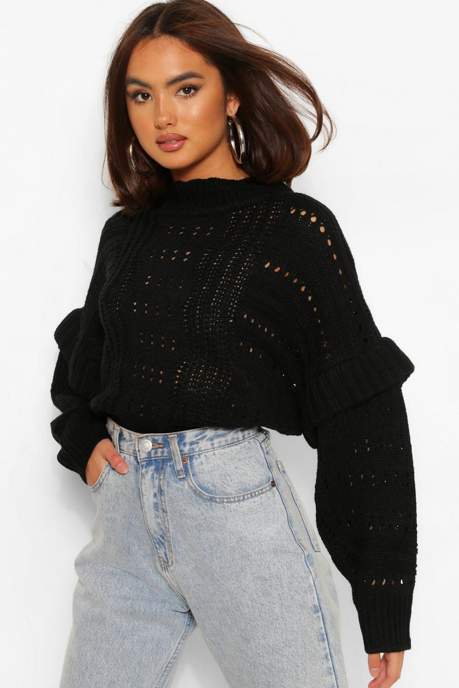 Black Chunky Knit High Neck Ruffle Jumper image number 1