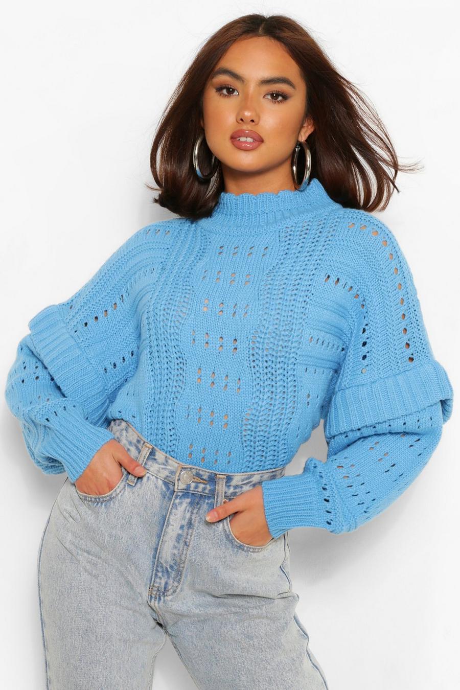 Bright blue Chunky Knit High Neck Ruffle Sweater image number 1