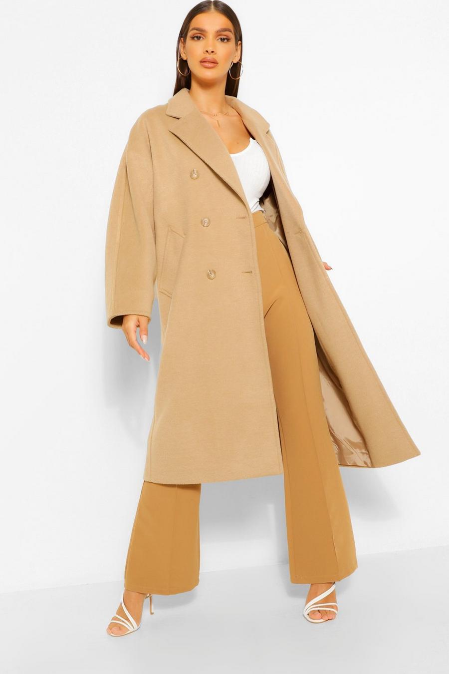 Camel beige Textured Twill Wool Look Double Breasted Coat image number 1