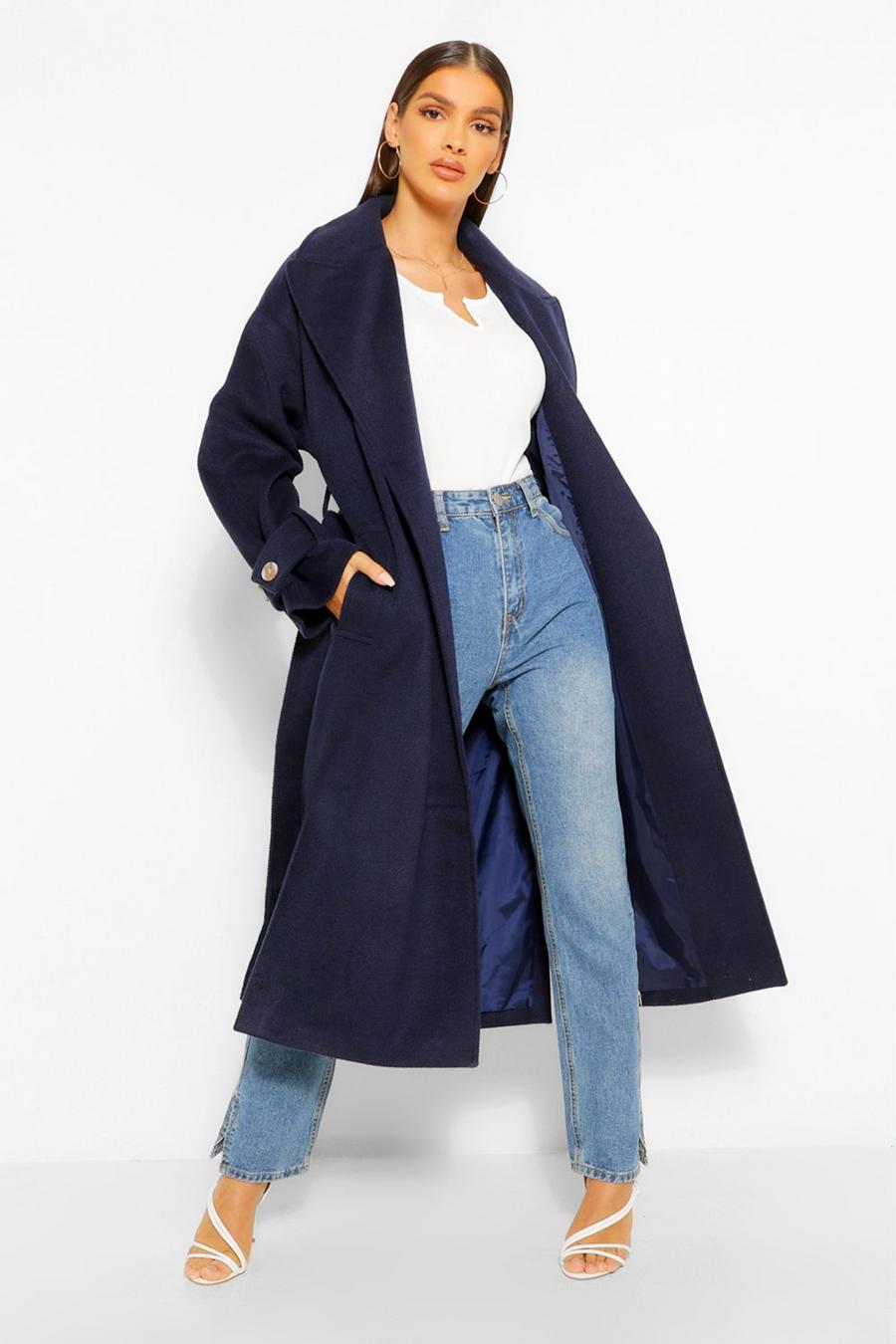Navy Textured Twill Wool Look Trench Coat image number 1