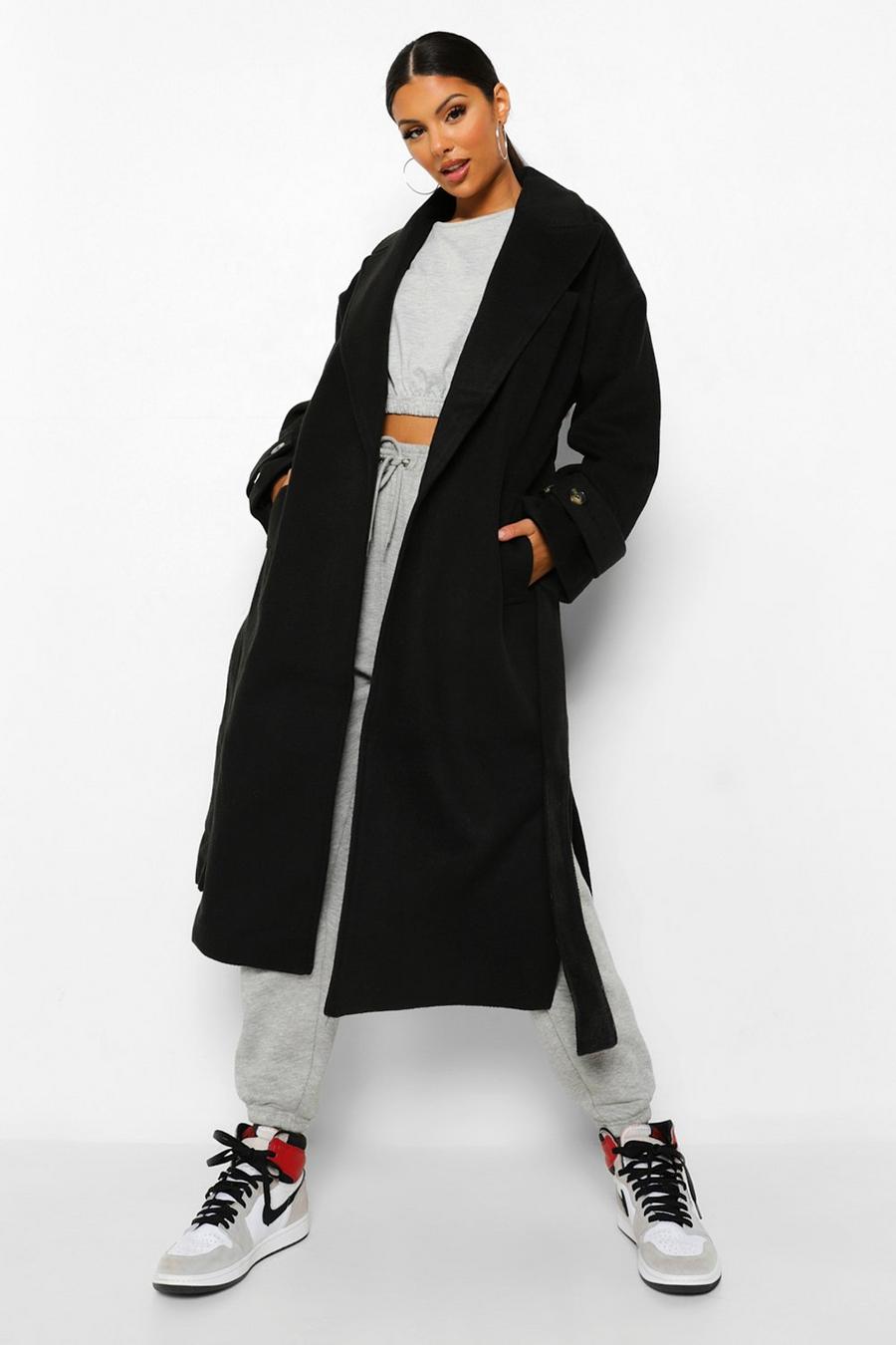 Black Textured Twill Wool Look Trench Coat image number 1