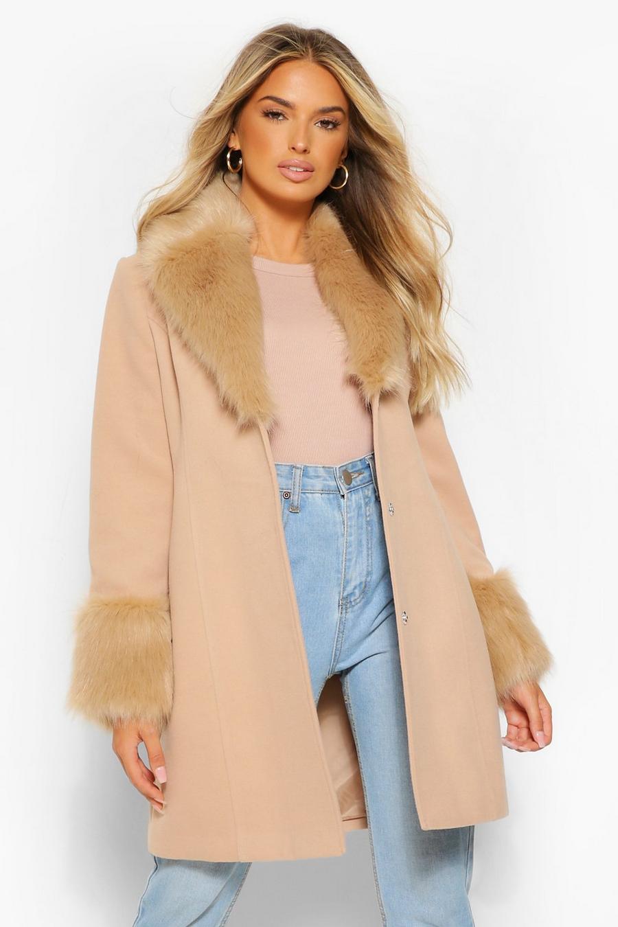 Camel Faux Fur Collar & Cuff Wool Look Coat image number 1
