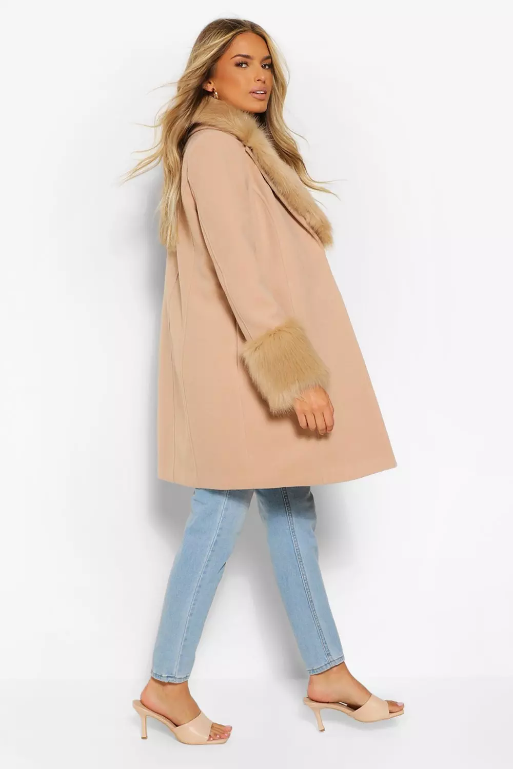 Chicwish Delicate Button Trim Faux Fur Knit Coat in Camel Brown S-M