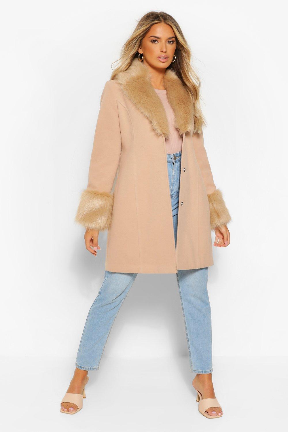 Faux Fur Collar Cuff Wool Look Coat Boohoo, 44% OFF