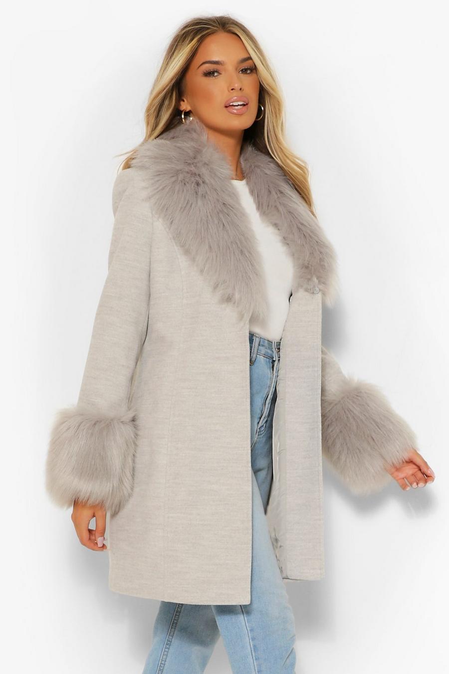 Grey Faux Fur Collar & Cuff Wool Look Coat image number 1
