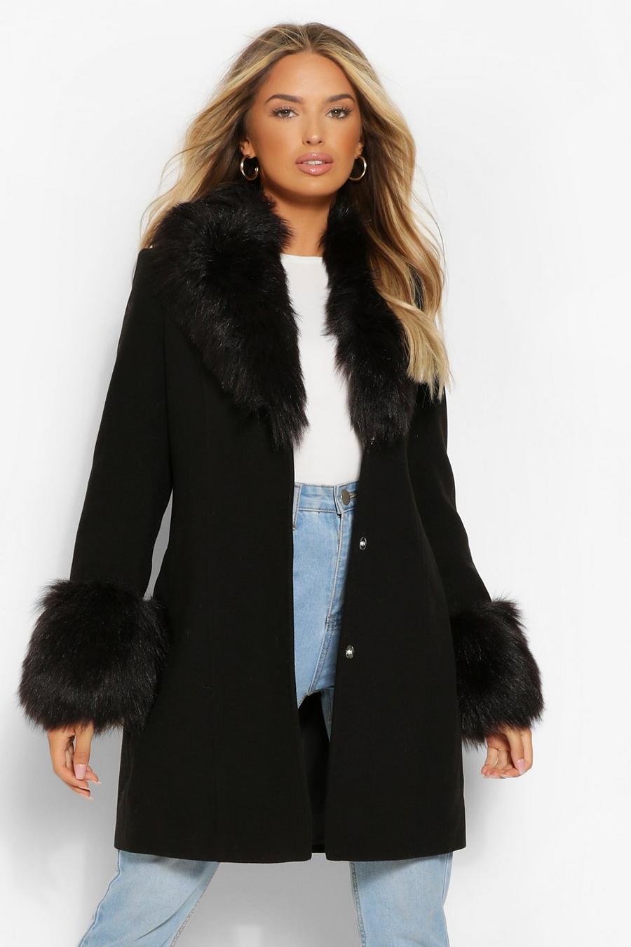 Faux Fur Collar & Cuff Wool Look Coat image number 1