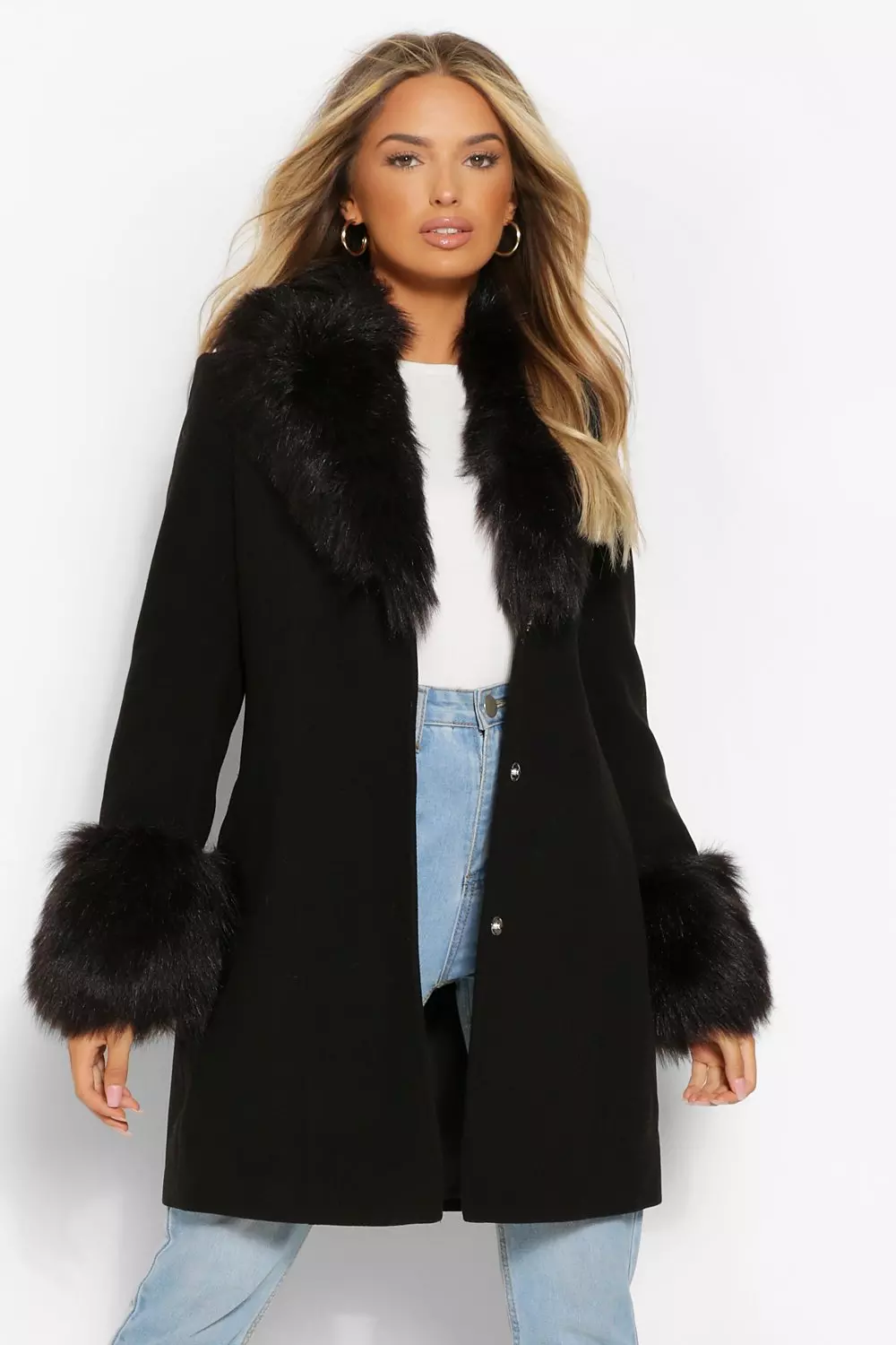 klasse Voorzieningen Zwakheid Nepwollen Jas Met Faux Fur Kraag En Manchettes | boohoo